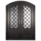 Double entryway doors with a glass panel behind intricate iron detailing. Doors are made of iron and steel and are thermally broken to protect from extreme weather.