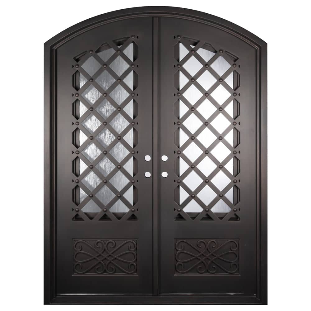 Double entryway doors made with a thick steel and iron frame and two paned windows behind an intricate iron pattern. Doors are thermally broken to protect from extreme weather.