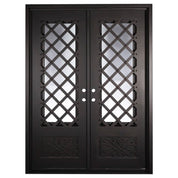 Double entryway doors with a glass panel behind intricate iron detailing. Doors are made of iron and steel and are thermally broken to protect from extreme weather.