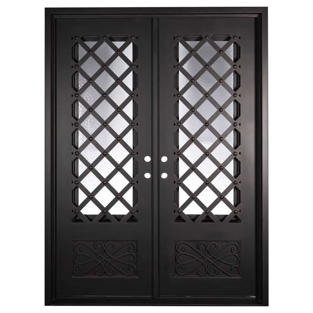 Double entryway doors made with a thick steel and iron frame and two paned windows behind an intricate iron pattern. Doors are thermally broken to protect from extreme weather.