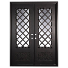 Load image into Gallery viewer, Double entryway doors made with a thick steel and iron frame and two paned windows behind an intricate iron pattern. Doors are thermally broken to protect from extreme weather.