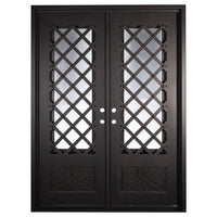 Double entryway doors made with a thick iron frame. Doors feature 3/4 glass panels behind intricate iron designs.
