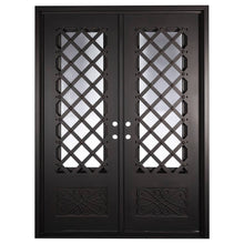 Load image into Gallery viewer, Double entryway doors made with a thick iron frame. Doors feature 3/4 glass panels behind intricate iron designs.