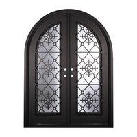Double entryway doors with full length pane of glass behind intricate iron detailing.