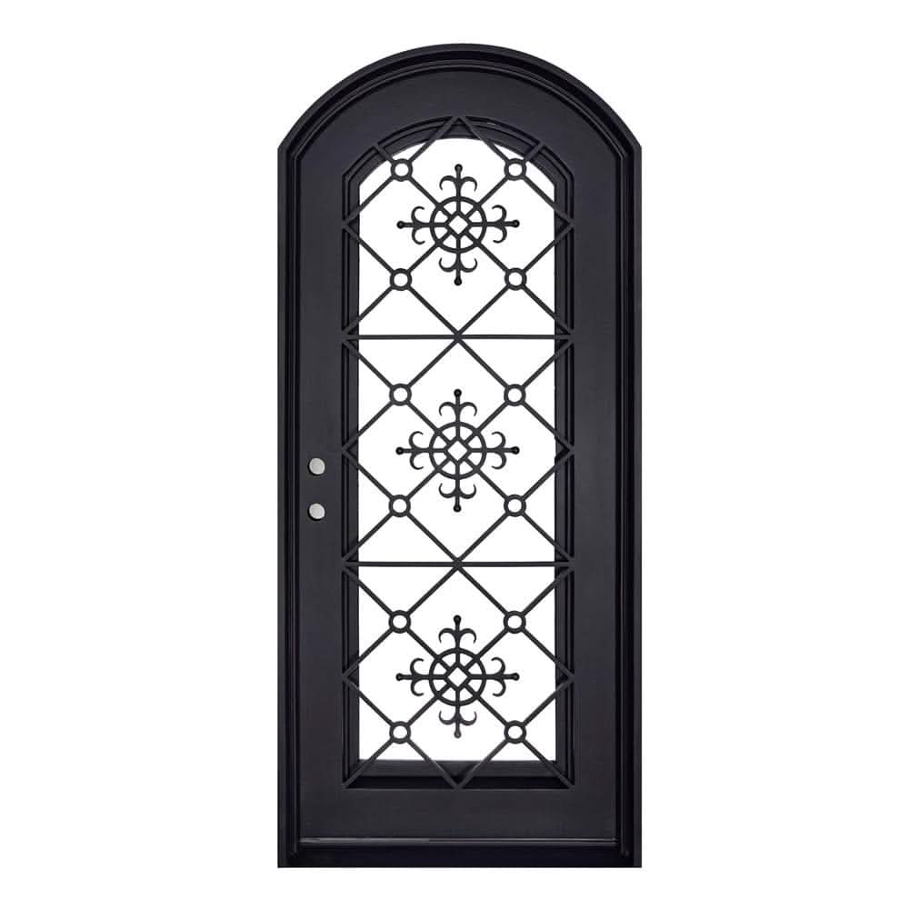 San Francisco pre-hung black wrought iron single arch top door with glass panel.