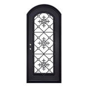 San Francisco pre-hung black wrought iron single arch top door with glass panel.