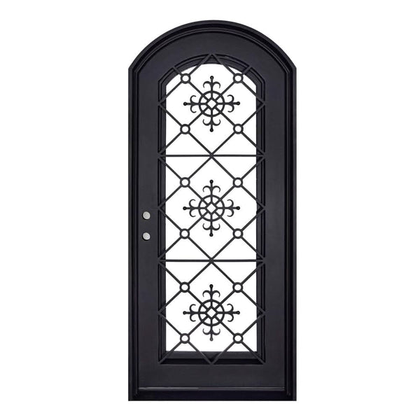 San Francisco pre-hung black wrought iron single arch top door with glass panel.