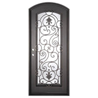 Single entryway door with full length pane of glass behind intricate iron detailing. Door features a slight arch and is thermally broken to protect from extreme weather.