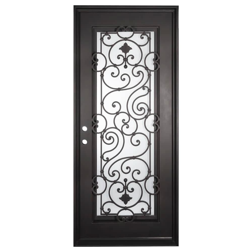 Shavo Black iron single flat top door with double-pane tempered glass panel.