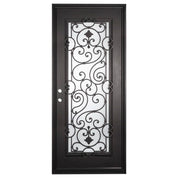 Shavo thermally broken single flat door with decorative ironwork in bronze color.
