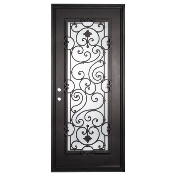 Shavo thermally broken single flat door with decorative ironwork in bronze color.