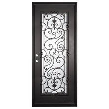 Load image into Gallery viewer, Single entryway door with a full length pane of glass behind intricate iron detailing and thick iron frame. Door is thermally broken to protect from extreme weather.