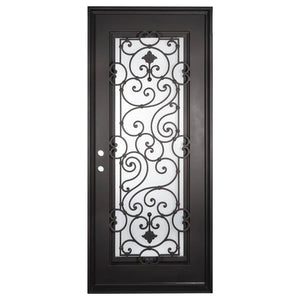 Single entryway door with a full length pane of glass behind intricate iron detailing and thick iron frame. Door is thermally broken to protect from extreme weather.