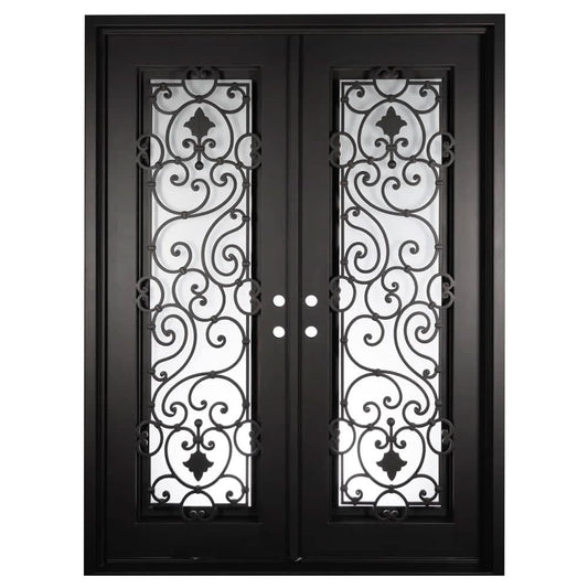 Double entryway doors with full length panels of glass behind intricate iron detailing.