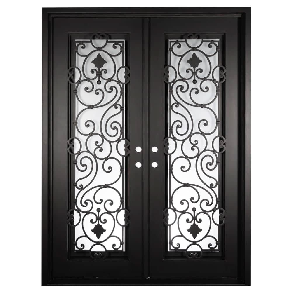 Double entryway doors with full length panels of glass behind intricate iron detailing.