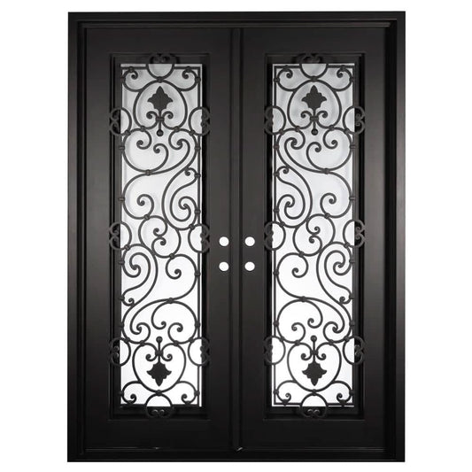 Double entryway doors made with a thick iron frame and two full glass panels behind intricate iron detailing. Doors are thermally broken to protect from extreme weather.