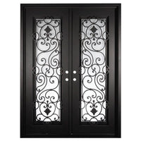Double entryway doors made with a thick iron frame and two full glass panels behind intricate iron detailing. Doors are thermally broken to protect from extreme weather.