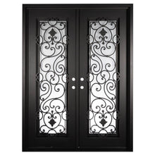 Load image into Gallery viewer, Double entryway doors made with a thick iron frame and two full glass panels behind intricate iron detailing. Doors are thermally broken to protect from extreme weather.