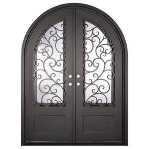 Double entryway doors with 3/4 length panes of glass behind intricate iron detailing. Doors feature a full arch and are thermally broken to protect from extreme weather.