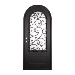 Single entryway door made of iron and steel. Door features a kickplate, a 3/4 glass panel behind iron detailing and a full arch. Door is thermally broken to protect from extreme weather.