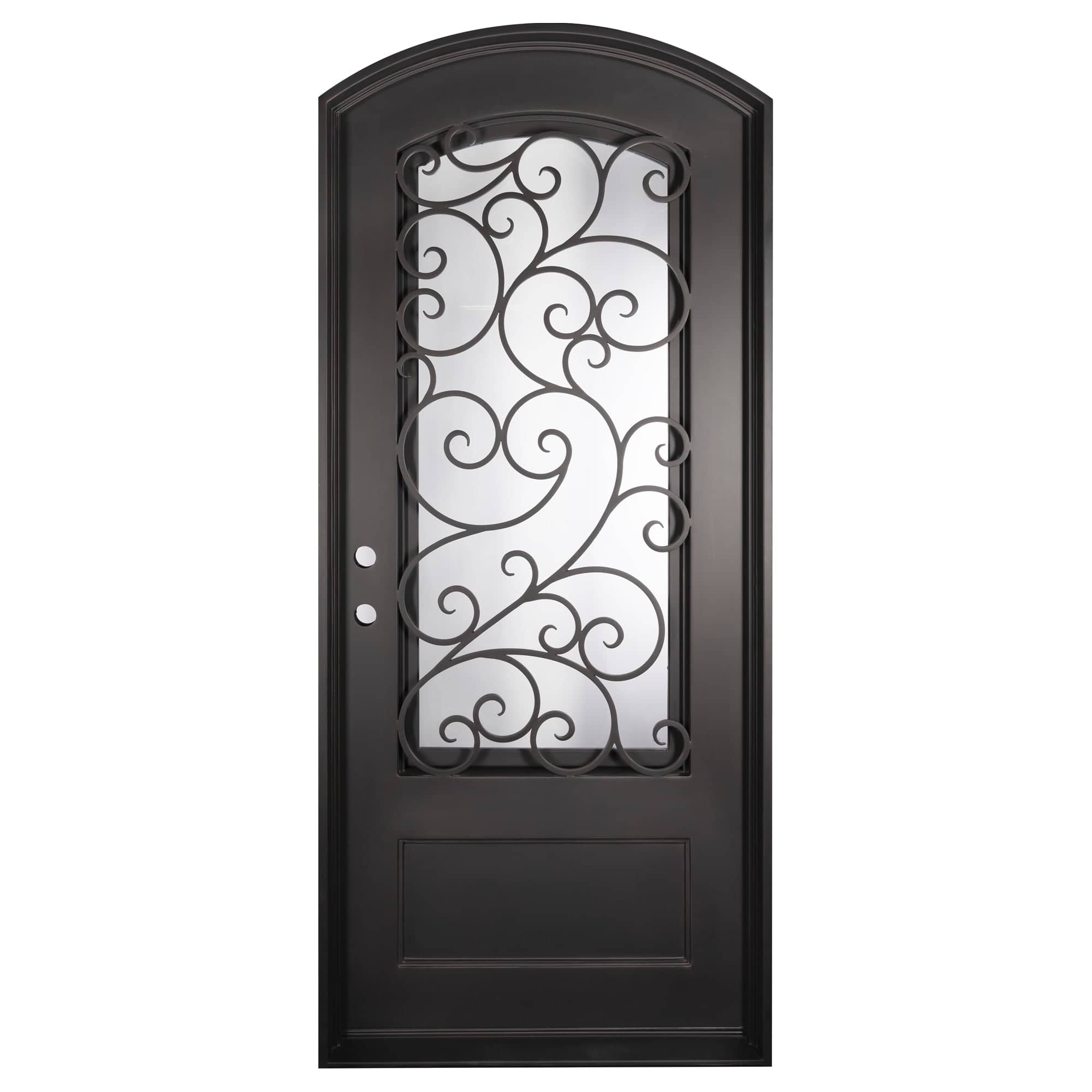 Single entryway door with a 3/4 length pane of glass behind intricate iron detailing. Door features a slight arch and is thermally broken to protect from extreme weather.