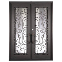 Double entryway doors with a panel of glass behind iron detailing.