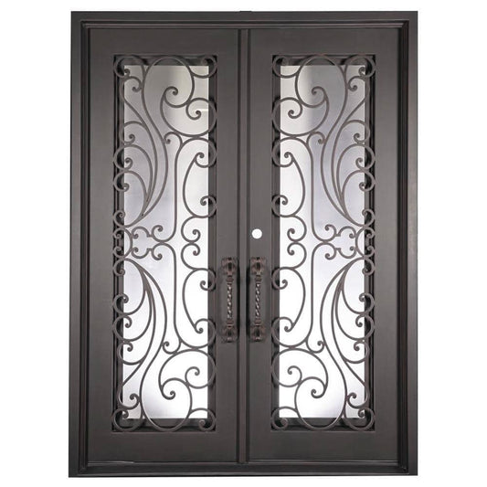 Double entryway doors with a glass panel behind intricate iron detailing. Doors are made of iron and steel and are thermally broken to protect from extreme weather.