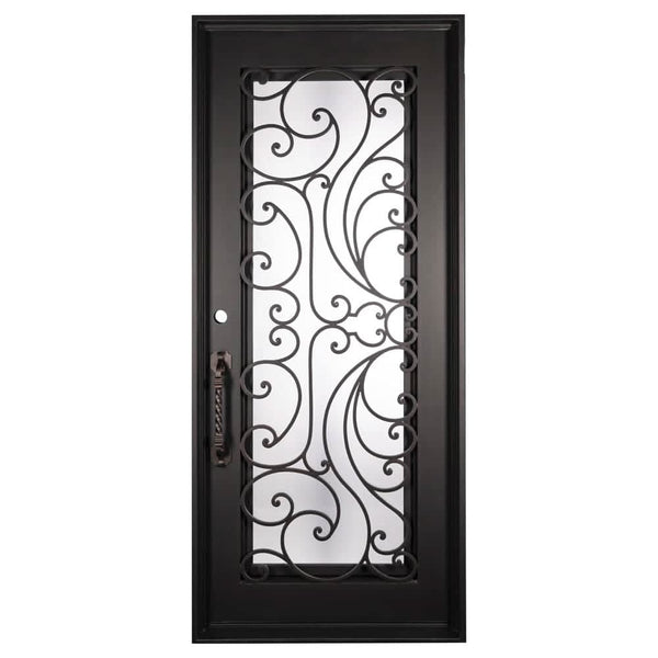 Sunset Black exterior wrought iron flat top single swing door with tempered glass.