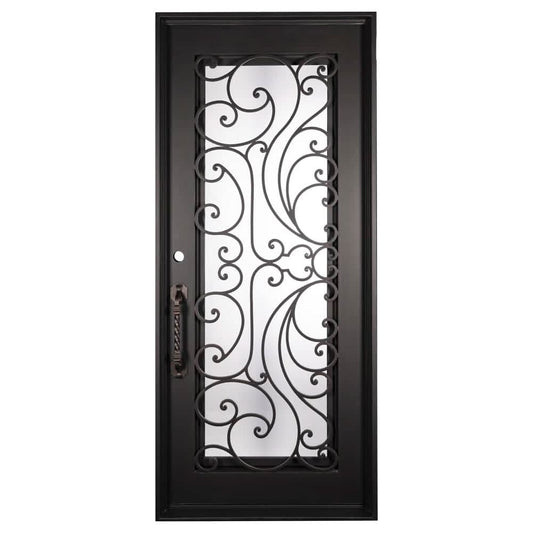 Single entryway door with a full length pane of glass behind intricate iron detailing. Door is thermally broken to protect from extreme weather.