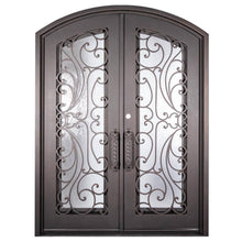 Load image into Gallery viewer, Double entryway doors made with a thick iron and steel frame. Doors feature full panel windows behind intricate iron detailing, a kickplate, and a slight arch on top. Doors are thermally broken to protect from extreme weather.