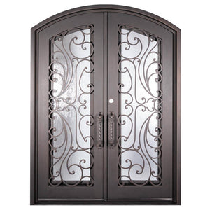 Double entryway doors made with a thick iron and steel frame. Doors feature full panel windows behind intricate iron detailing, a kickplate, and a slight arch on top. Doors are thermally broken to protect from extreme weather.