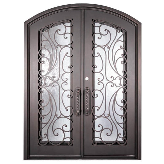 Double entryway doors with a panel of glass behind iron detailing.