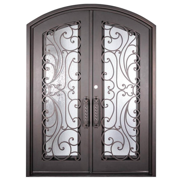 Sunset with Handgrip double iron door in bronze shade with glass windows and arched style.