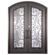 Sunset with Handgrip arched top metal entry door in bronze with glass and thermal barrier.