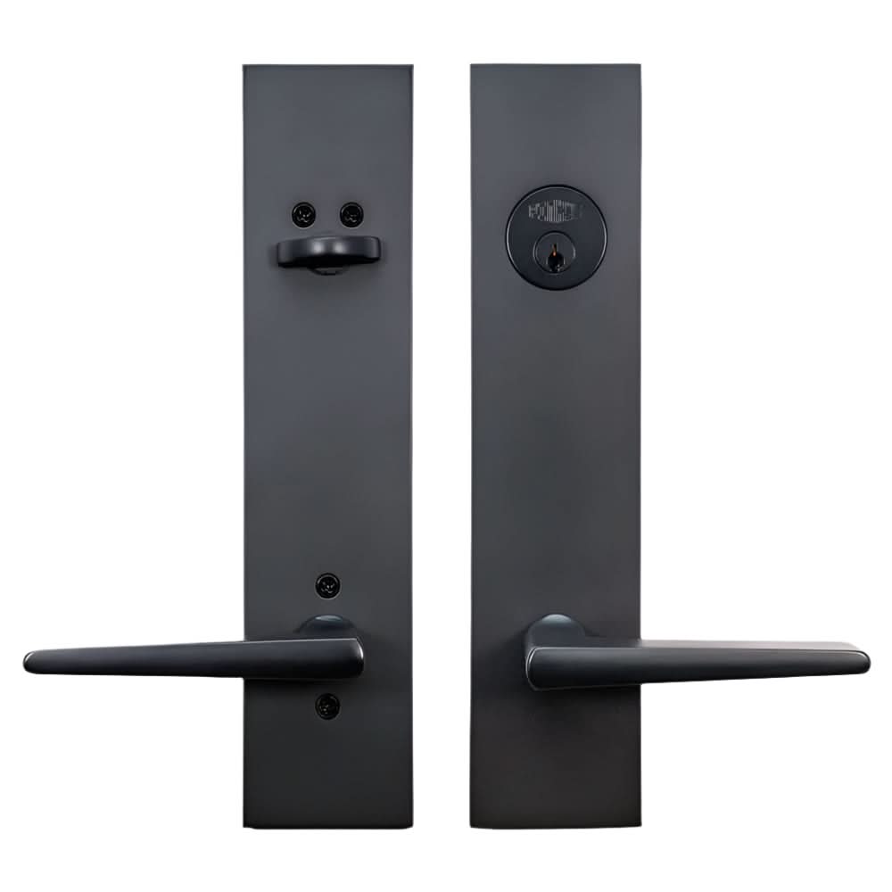 PINKYS lock with lever and deadbolt on rectangular escutcheon in black finish.
