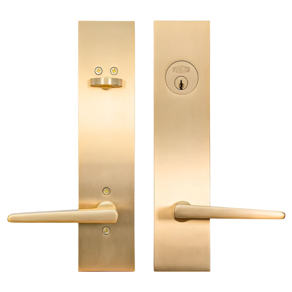 PINKYS lock with rectangular escutcheon and keyed cylinder in brass finish.