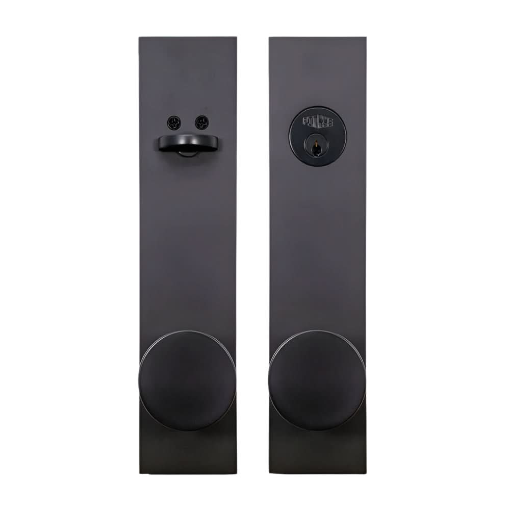 PINKYS lock with round knob and interior thumb turn on rectangular escutcheon in black.