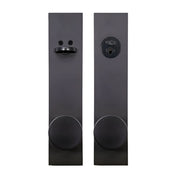 PINKYS lock with round knob and interior thumb turn on rectangular escutcheon in black.