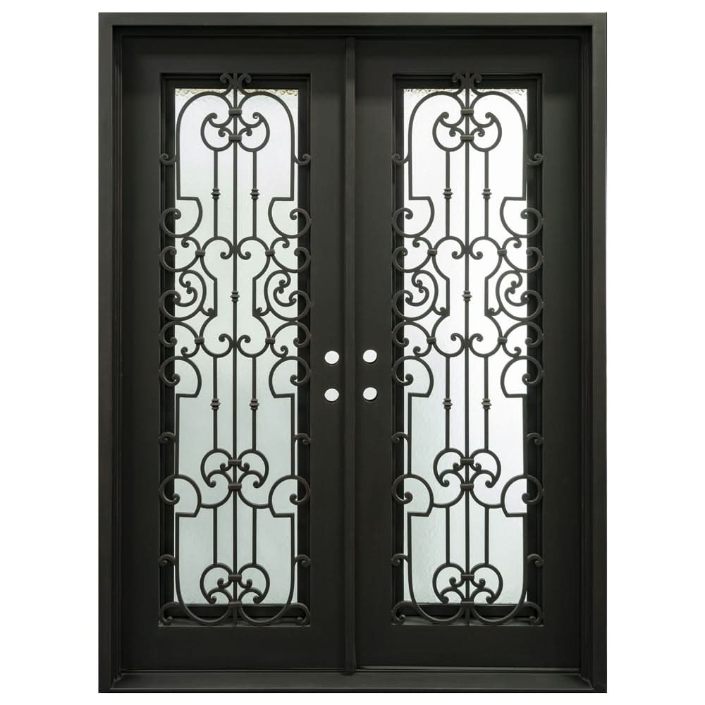 Double entryway doors with a panel of glass behind iron detailing.