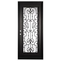 Single entryway door with a panel of glass behind iron detailing.