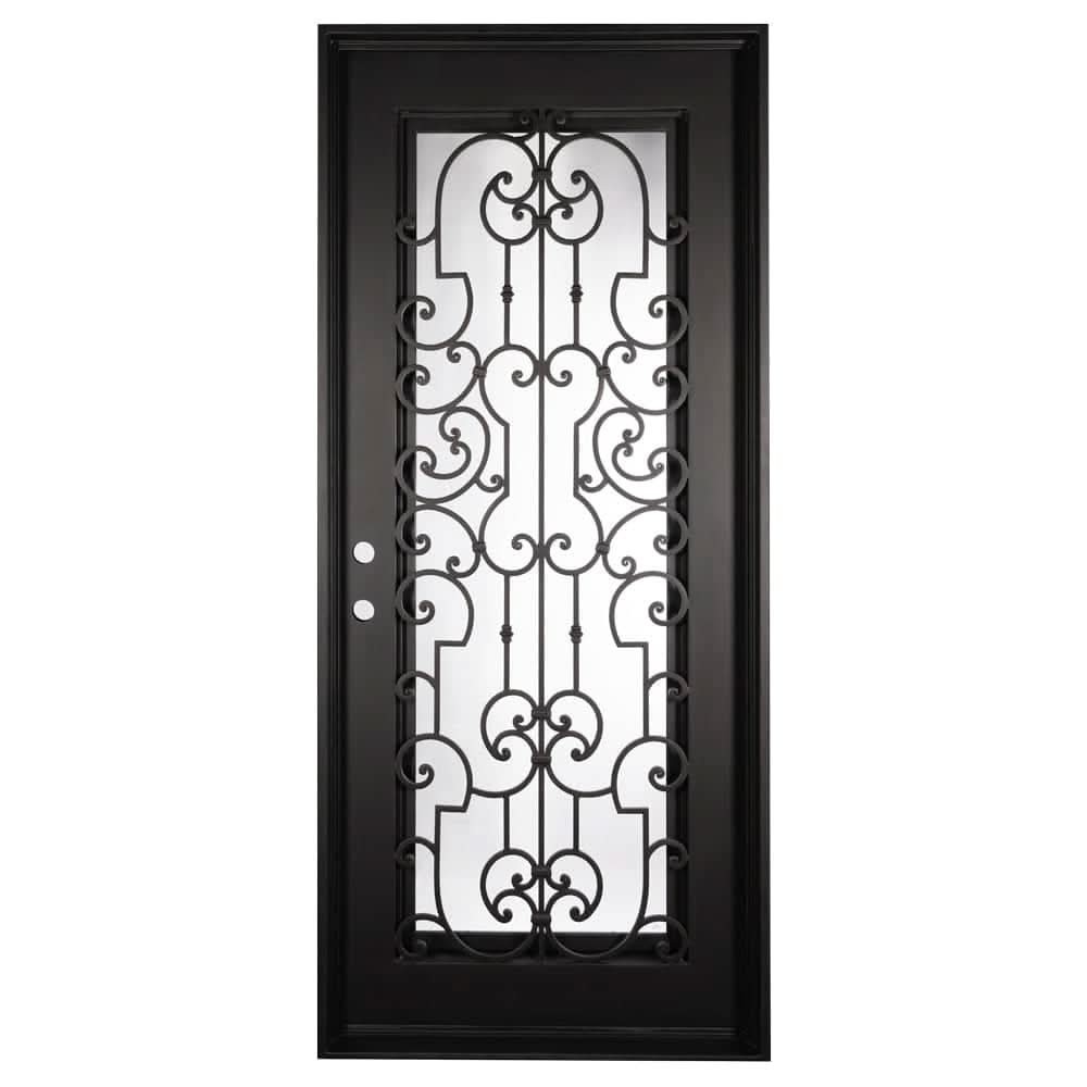 Single entryway door with a panel of glass behind iron detailing.