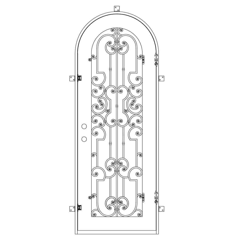 Single entryway door with a 3/4 glass panel behind intricate iron detailing and a full arch on top. Door is made of iron and steel and is thermally broken to protect from extreme weather.