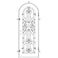 Single entryway door with a 3/4 glass panel behind intricate iron detailing and a full arch on top. Door is made of iron and steel and is thermally broken to protect from extreme weather.