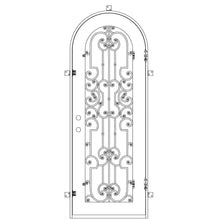 Load image into Gallery viewer, Single entryway door with a 3/4 glass panel behind intricate iron detailing and a full arch on top. Door is made of iron and steel and is thermally broken to protect from extreme weather.