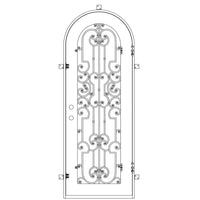 Single entryway door with a panel of glass behind iron detailing.