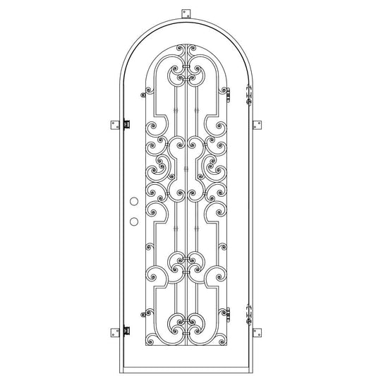 Single entryway door with a panel of glass behind iron detailing.