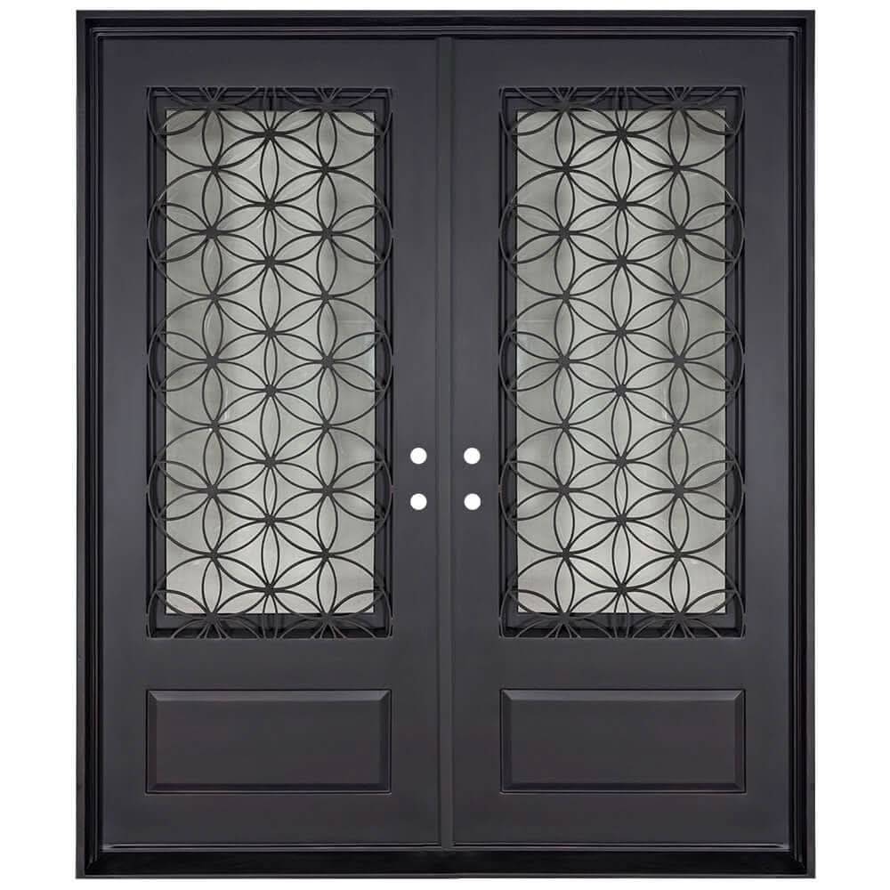 Woodstock black metal double door with energy efficient tempered glass and flat top.