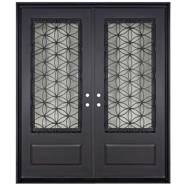 Woodstock black metal double door with energy efficient tempered glass and flat top.