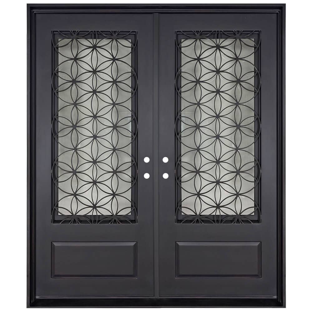 Double entryway doors with a 3/4 glass panel behind intricate iron detailing. Doors are made of iron and steel and are thermally broken to protect from extreme weather.