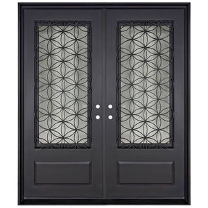 Double entryway doors with a 3/4 glass panel behind intricate iron detailing. Doors are made of iron and steel and are thermally broken to protect from extreme weather.